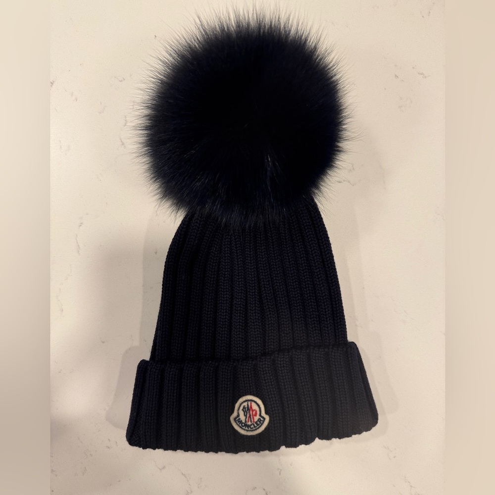 Navy Moncler Ribbed Wool Beanie with Faux Fur Pom